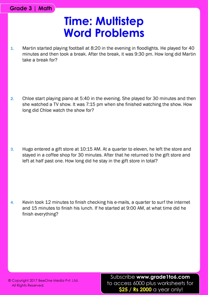 Third grade students solving elapsed time word problems set in a library environment with clock illustrations