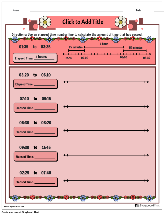 Third grade students practicing elapsed time subtraction using a number line worksheet 17