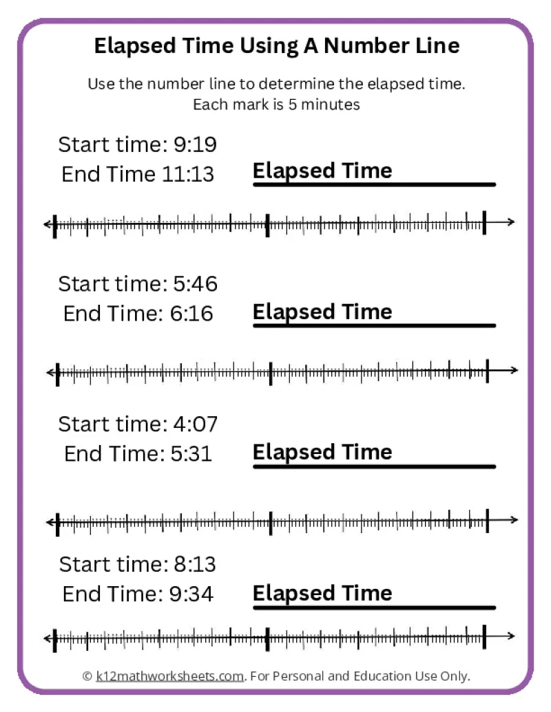 Third grade students practice calculating elapsed time intervals on a number line worksheet