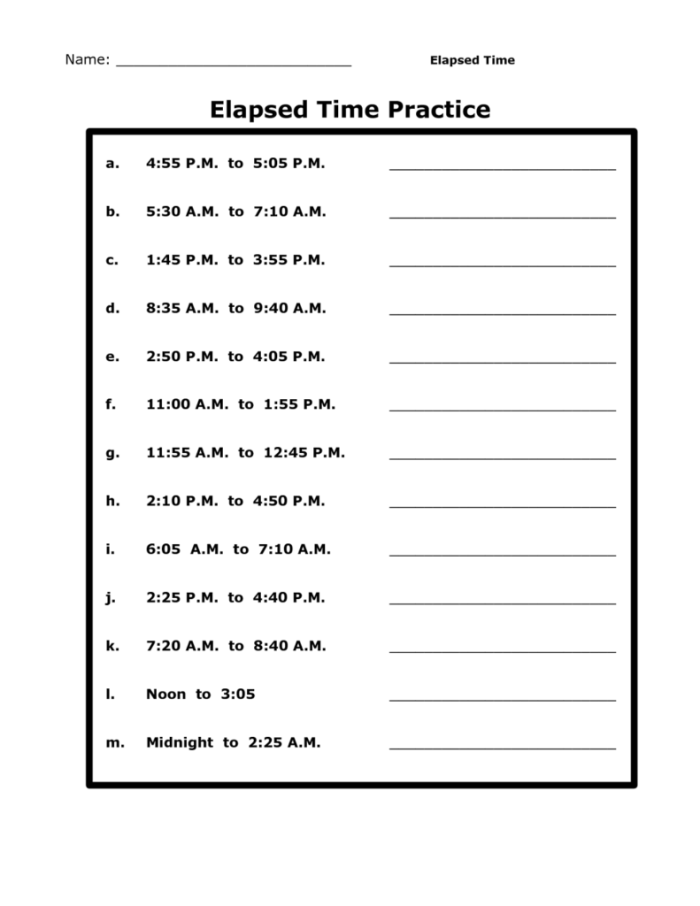 A student practices determining elapsed time using a number line on a worksheet
