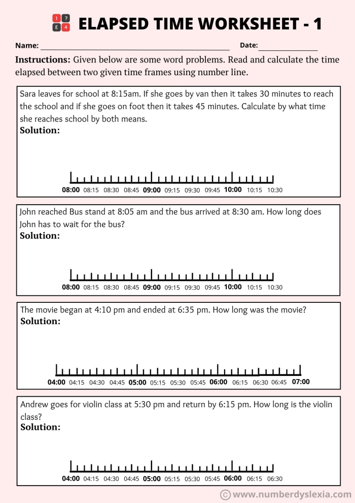 Third grade math worksheet showing a number line method for calculating elapsed time intervals and subtraction problems