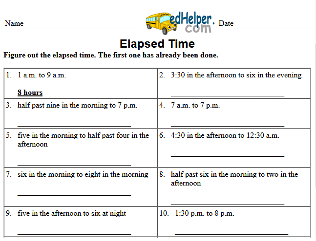 Third grade math worksheet showing a number line method for calculating elapsed time with subtraction problems