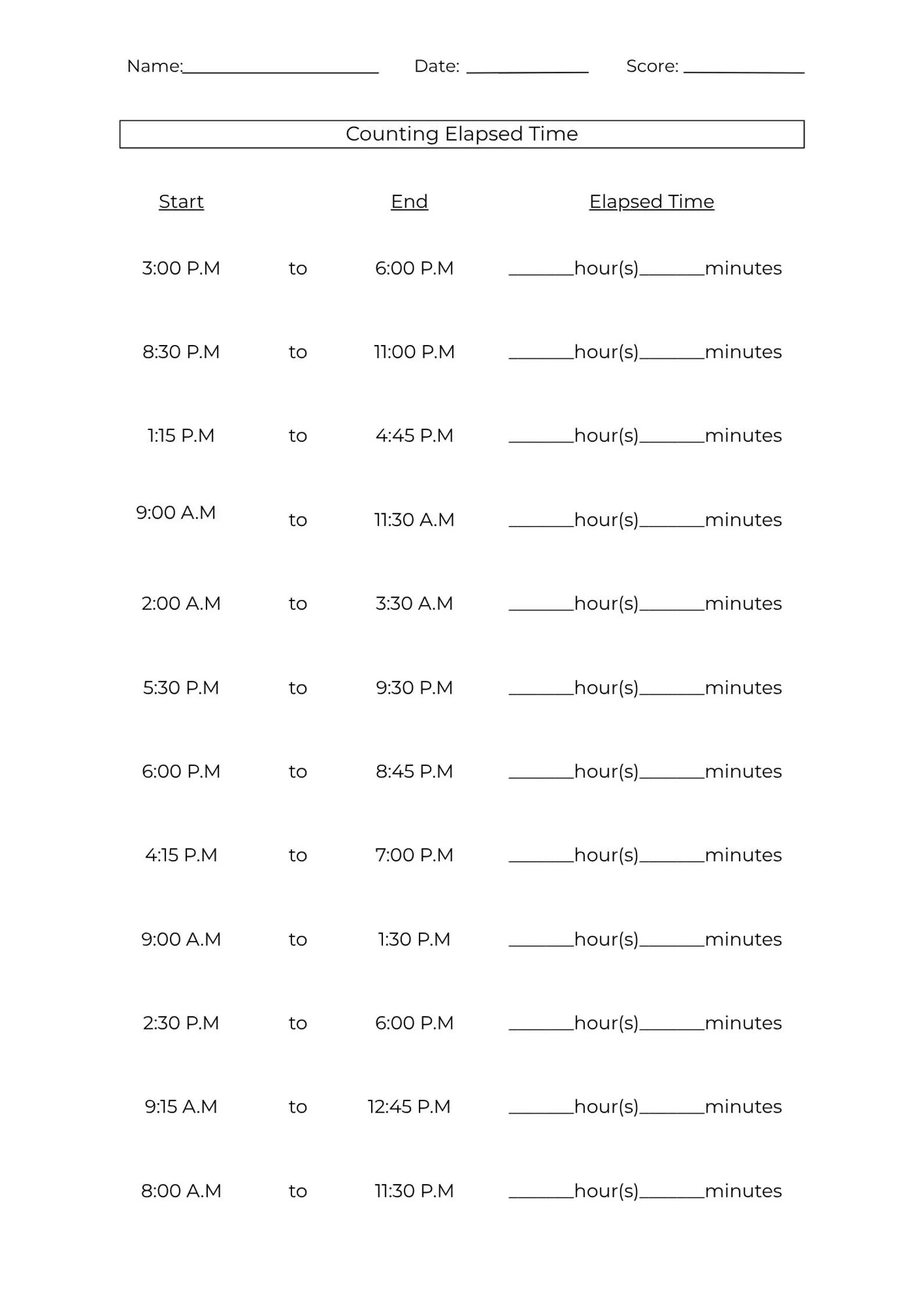Third grade students using number lines to solve elapsed time problems on a math assessment worksheet 16