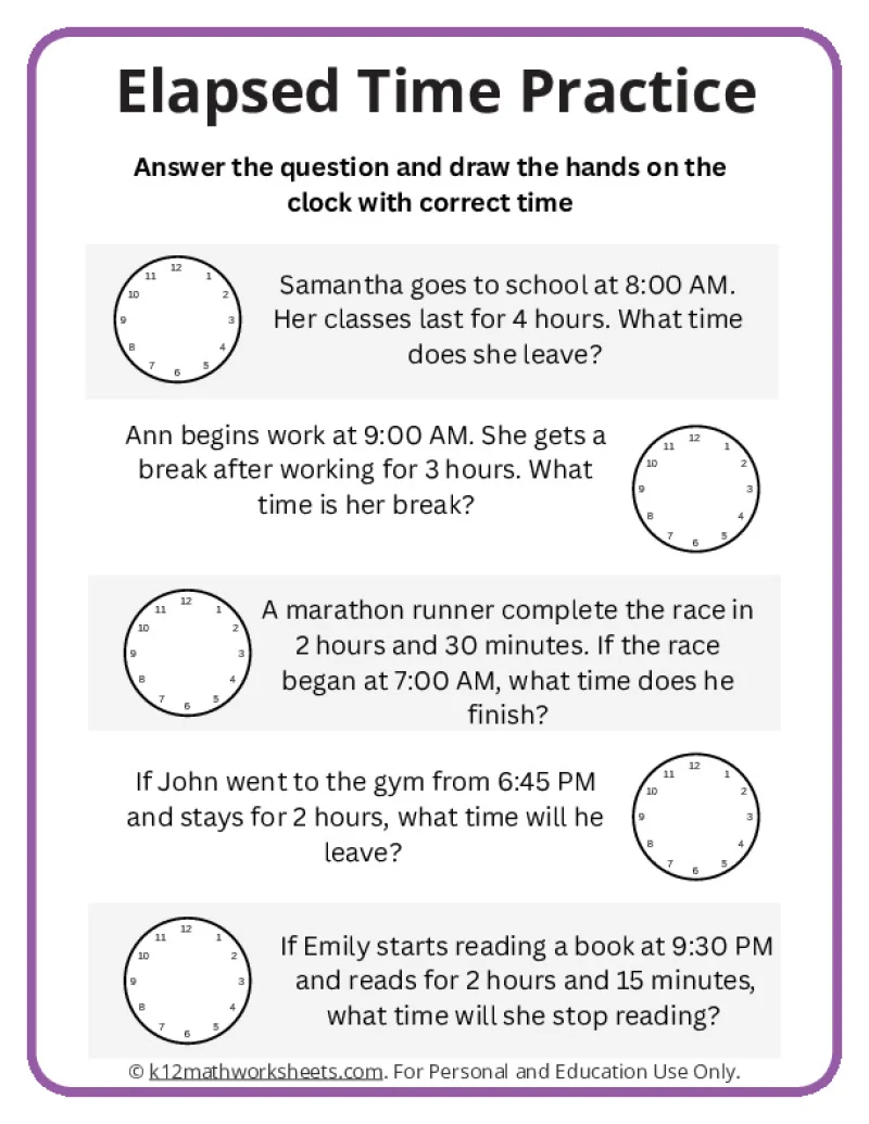 Worksheet featuring elapsed time word problems for third graders to practice their skills. Elapsed Time Word Problems 1 Worksheet for Division Practice.