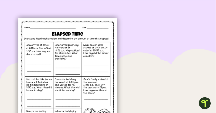Worksheet featuring elapsed time word problems for third-grade students