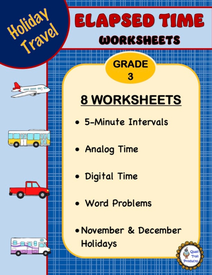 Time Flies! worksheet featuring a clock to help third graders calculate elapsed time