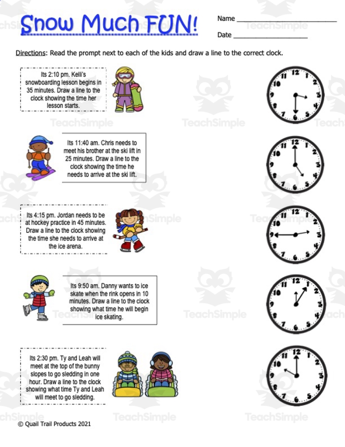 Third grade math worksheet showing sporting events with clocks and elapsed time problems for students to solve