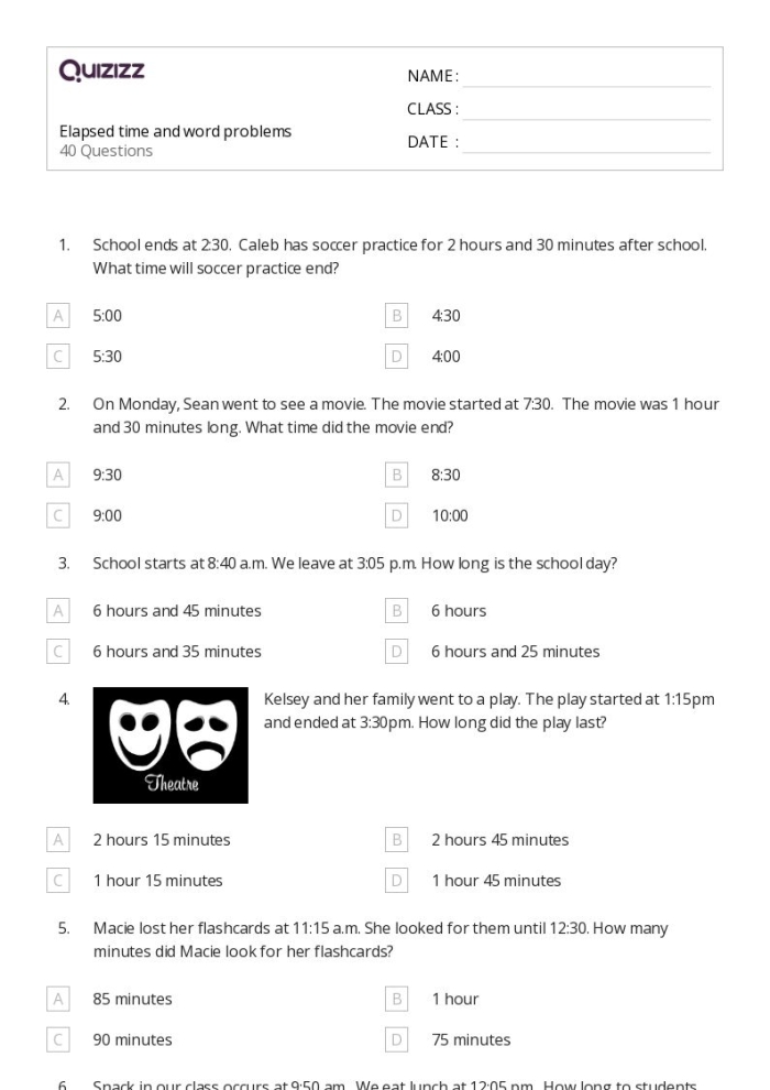 Worksheet for third graders focusing on calculating elapsed time during various activities Image showing a third-grade worksheet on Elapsed Time Word Problems 2 with colorful illustrations and practice questions