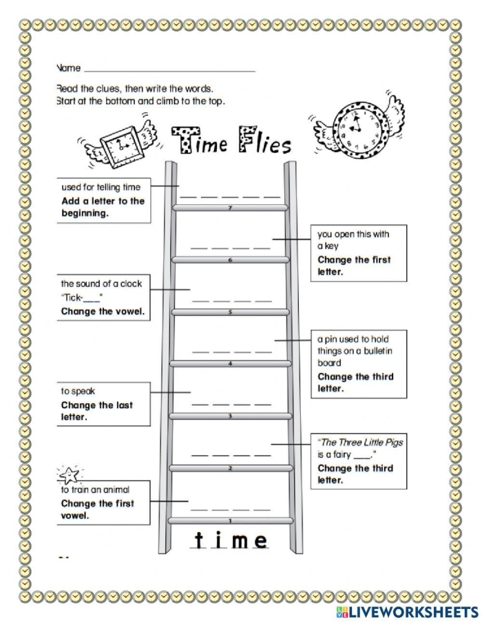 Worksheet featuring a clock for kids to calculate elapsed time in the Time Flies! activity