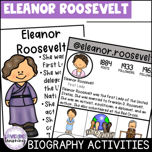 Educational resource for learning about the first modern first lady Eleanor Roosevelt biography worksheet for third-grade history students