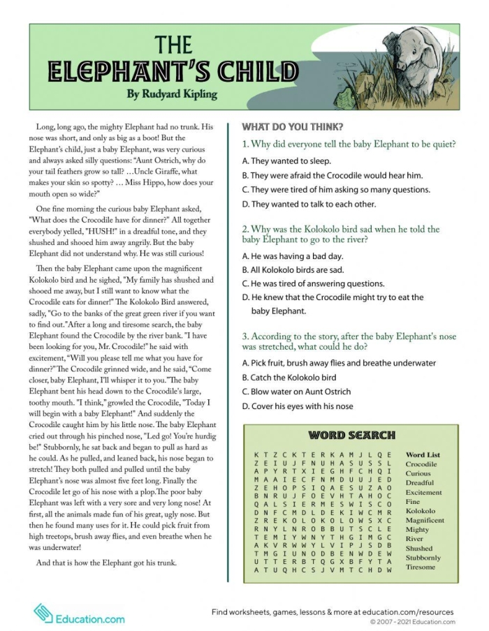 A colorful worksheet designed for third graders to enhance reading comprehension through "The Elephant's Child" story. Engaging activity page based on Rudyard Kipling's beloved tale for young learners.