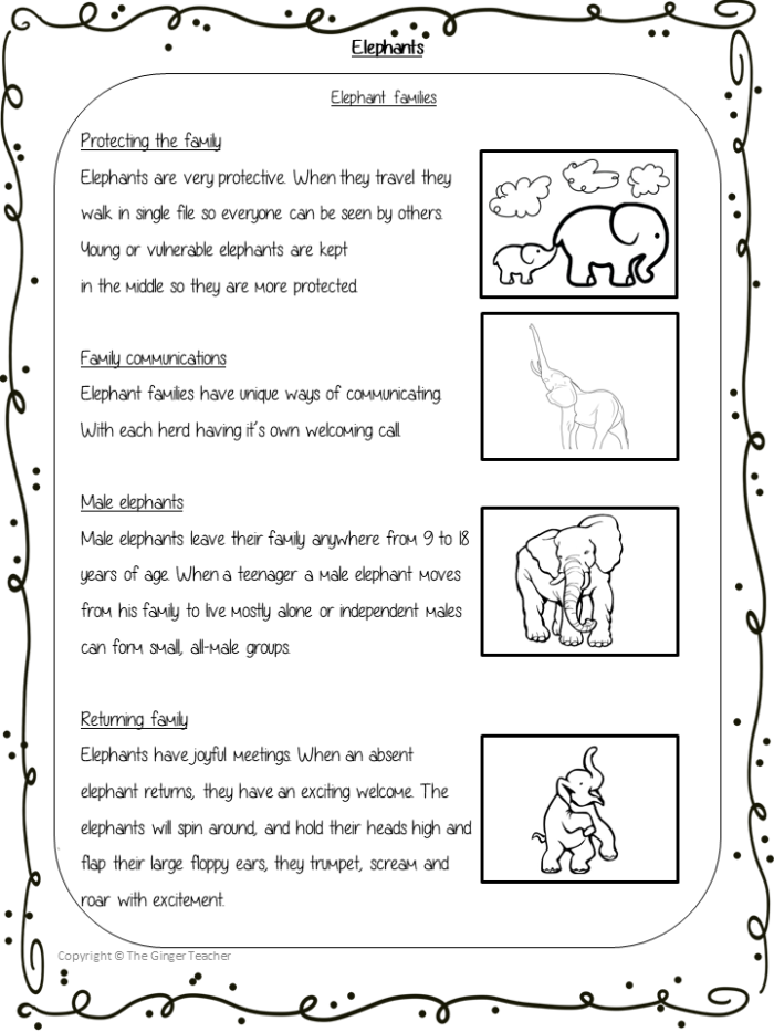 Worksheet featuring activities for "The Elephant's Child" to enhance third-grade reading skills