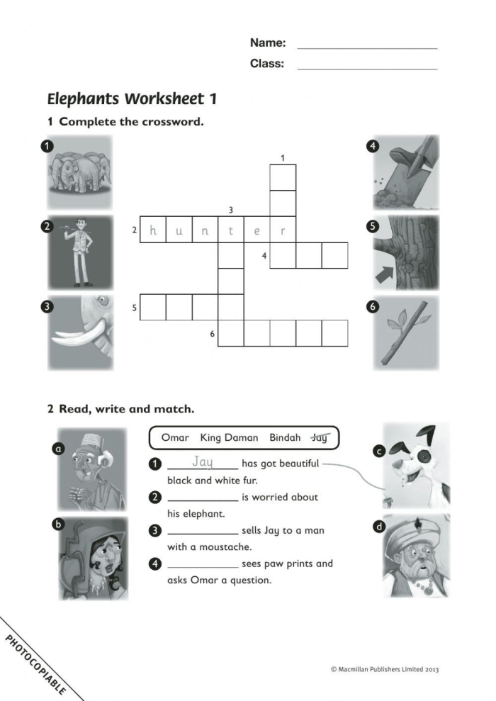 Worksheet featuring comprehension activities for "The Elephant's Child" story