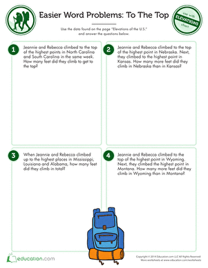 Easy multi-step word problems worksheet for third graders focusing on elevations