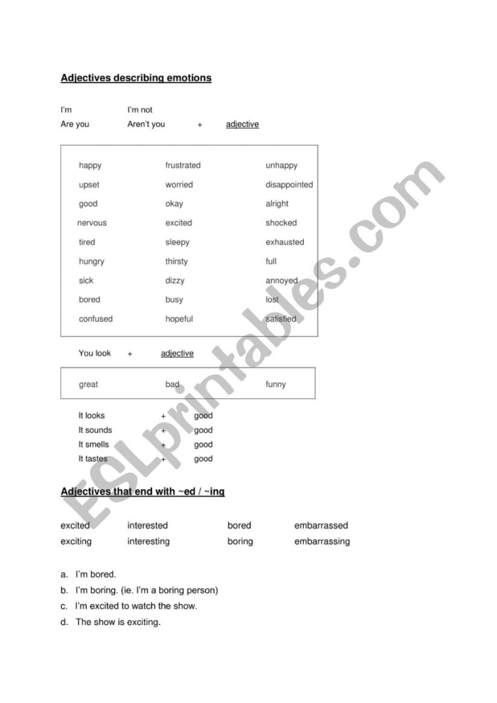 Adjectives to Describe Emotions worksheet for enhancing communication skills Worksheet featuring adjectives that describe emotions for third graders