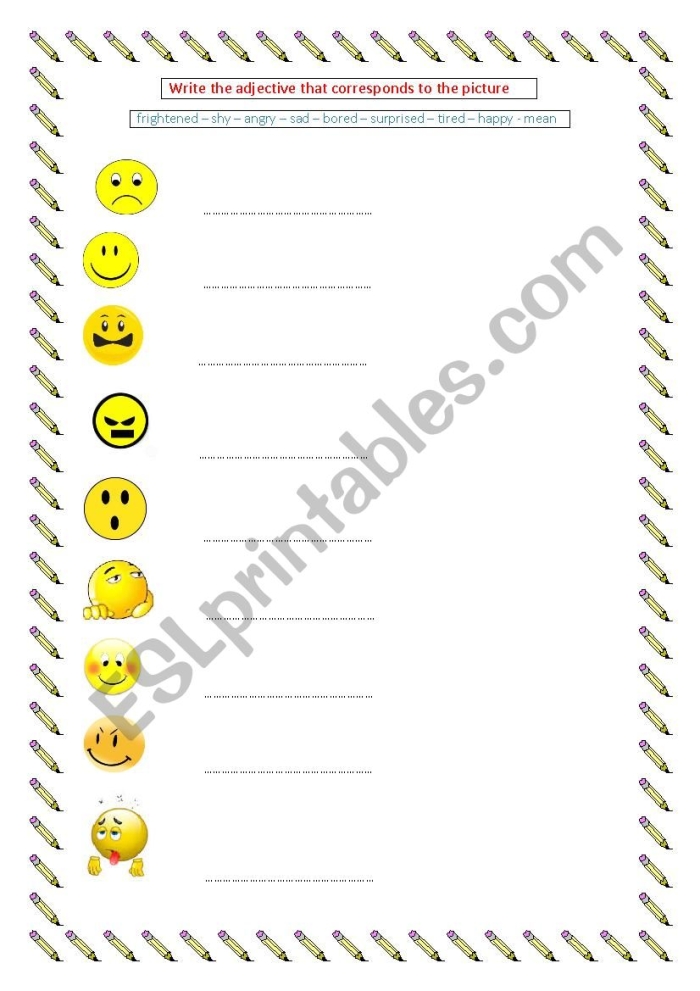 Emotions-themed grammar activity for enhancing communication skills Worksheet featuring adjectives to describe emotions for third graders