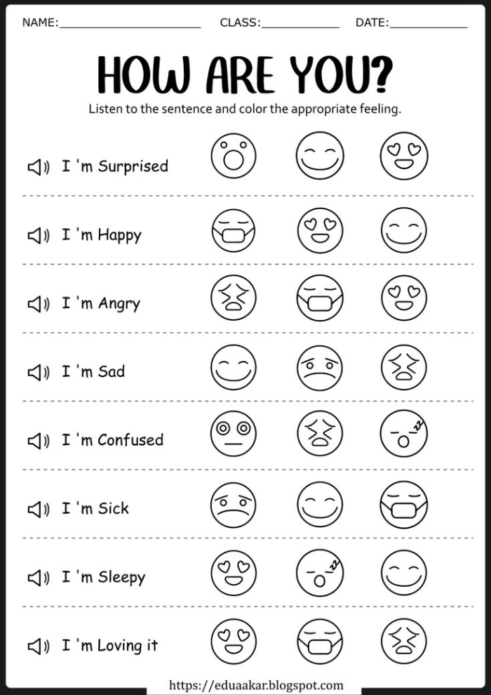 Character Emotion Match Cards Practice Sheet 10 for Elementary Geometry Learning Third grade geometry worksheet showing character emotion match cards activity with illustrated characters and emotion labels for students to practice matching actions to feelings
