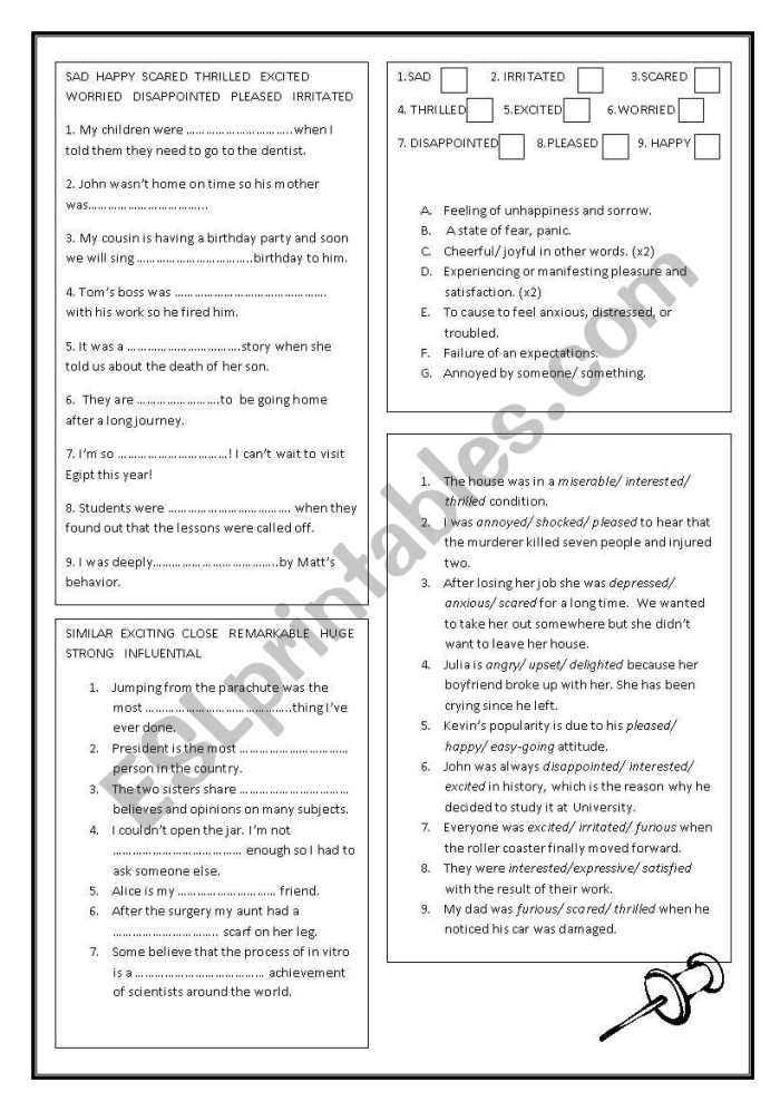 Emotions-themed grammar worksheet for improving social-emotional learning Adjectives to Describe Emotions worksheet for third graders enhancing communication skills
