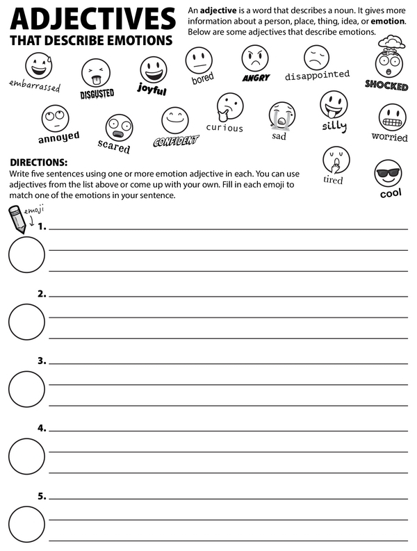 Emotions-themed grammar worksheet to enhance communication skills Worksheet featuring adjectives to describe emotions for third graders