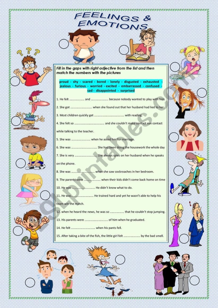 Adjectives to Describe Emotions worksheet for enhancing communication skills Worksheet featuring adjectives that describe emotions for third graders
