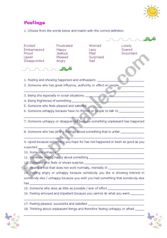 Emotions-themed grammar activity for enhancing communication skills Adjectives worksheet focusing on describing emotions for third-grade students