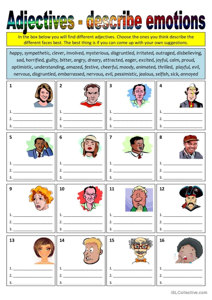 Emotions-themed grammar activity to support social-emotional learning in geometry lessons Adjectives to Describe Emotions worksheet for third graders focused on enhancing communication skills