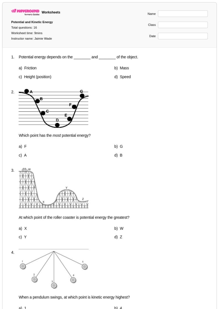 Worksheet for understanding potential and kinetic energy concepts for third graders