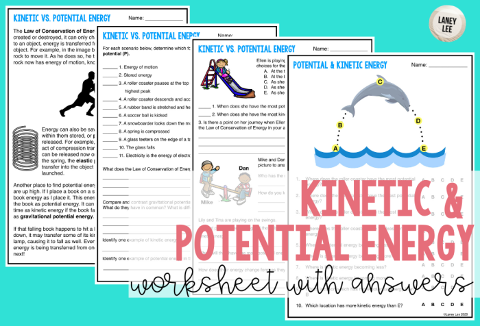 Worksheet illustrating potential and kinetic energy concepts for third graders