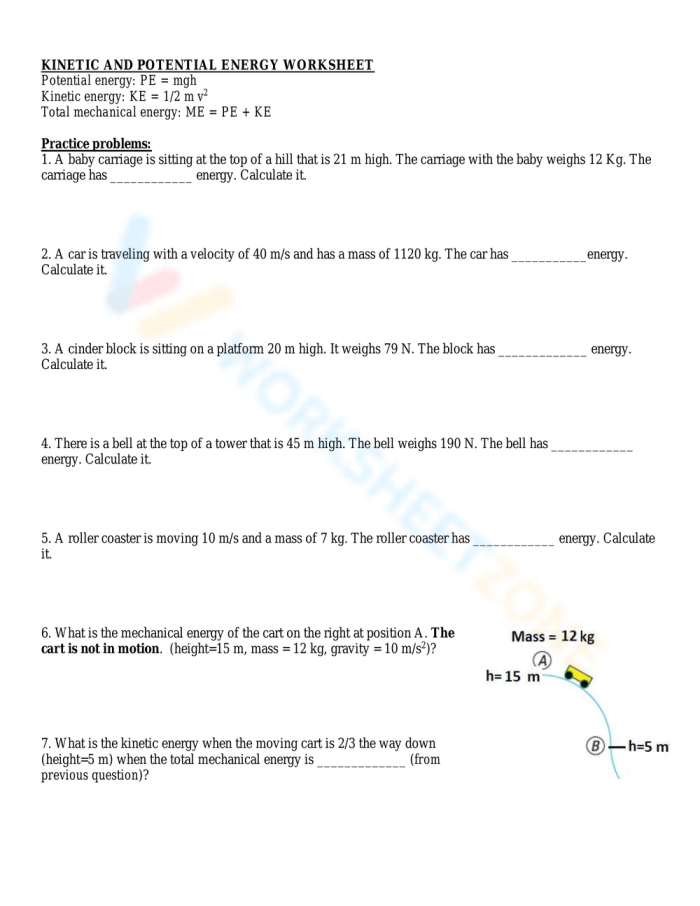 Worksheet illustrating the concepts of potential and kinetic energy for third graders
