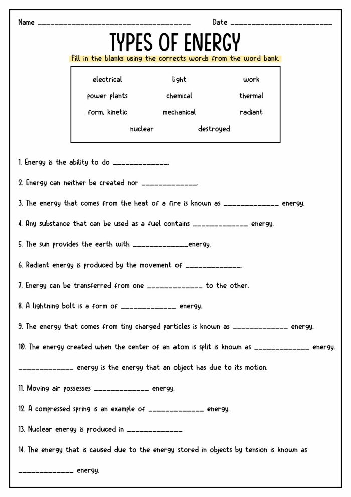 Educational Types of Energy Worksheet for Third Grade Science Lesson 21 Third grade science worksheet explaining various types of energy for students