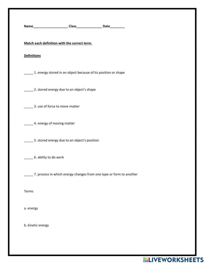 Types of Energy worksheet for third grade science students 17 Third grade worksheet covering different types of energy with illustrations for young scientists