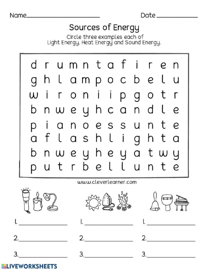 Third grade energy word search puzzle with physics vocabulary terms hidden in a grid of letters