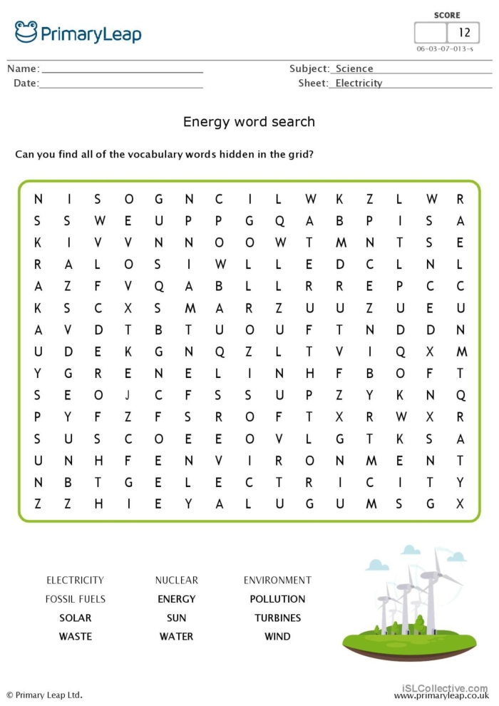 Third grade energy word search worksheet featuring physics vocabulary terms
