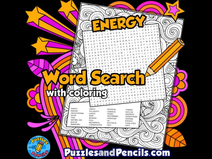 Third grade energy word search puzzle with physics vocabulary words hidden in letter grid