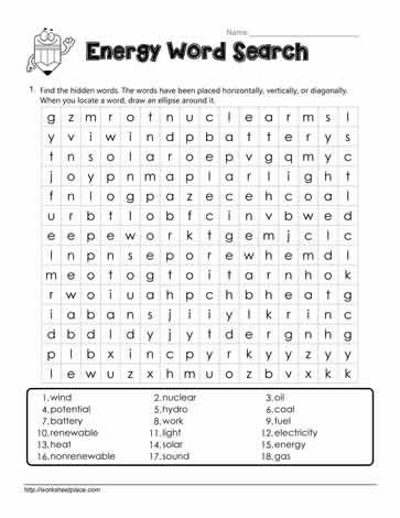Third grade science worksheet featuring an energy themed word search puzzle for multiplication practice