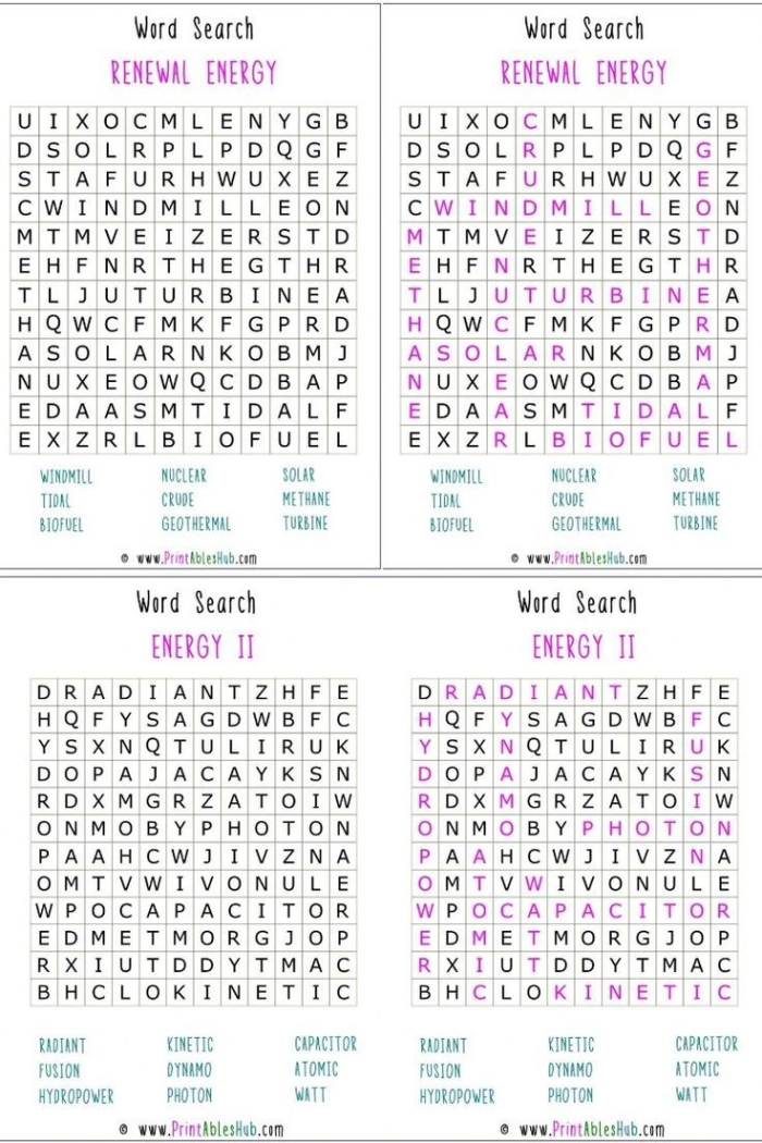 Third grade energy word search puzzle with physics vocabulary words hidden in a grid of letters