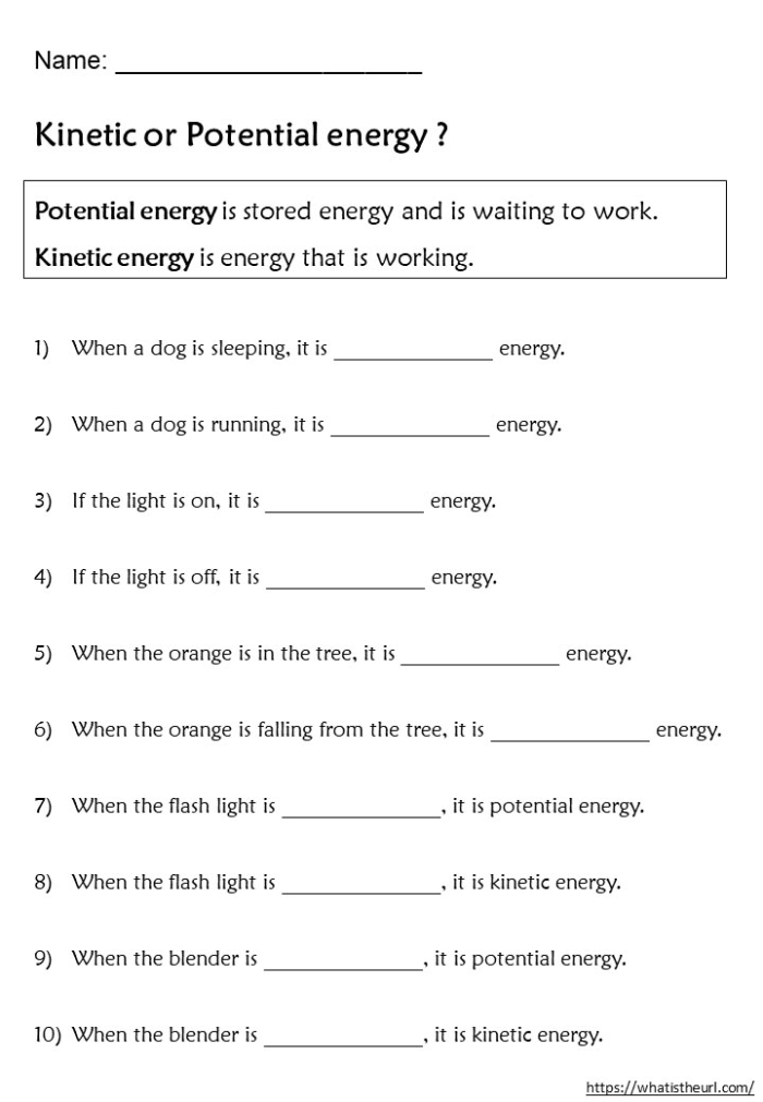 Third grade science worksheet explaining the difference between potential and kinetic energy