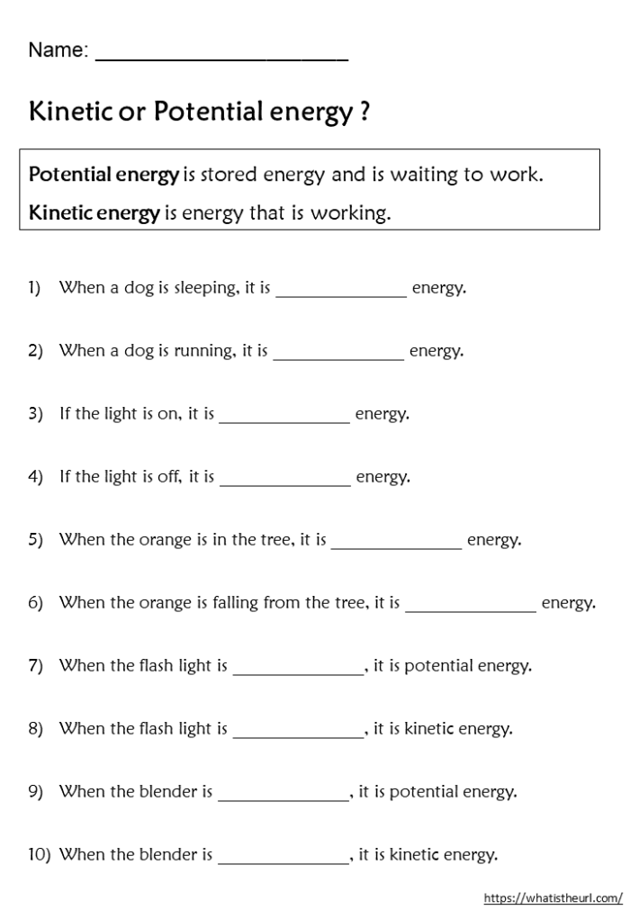 Potential and Kinetic Energy worksheet for third-grade students learning about energy concepts