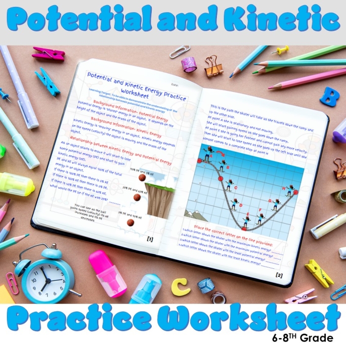 Worksheet for teaching potential and kinetic energy concepts to third graders