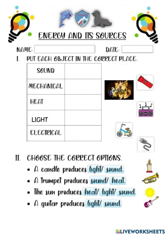 Educational Types of Energy worksheet for third grade students Third grade science worksheet explaining various types of energy