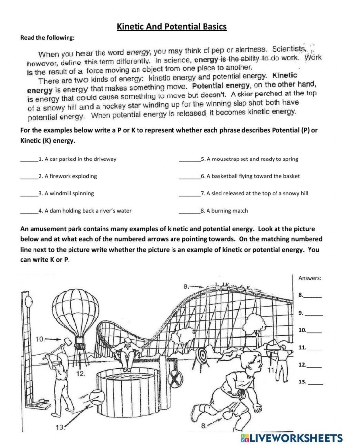 Worksheet illustrating the concepts of potential and kinetic energy for third graders