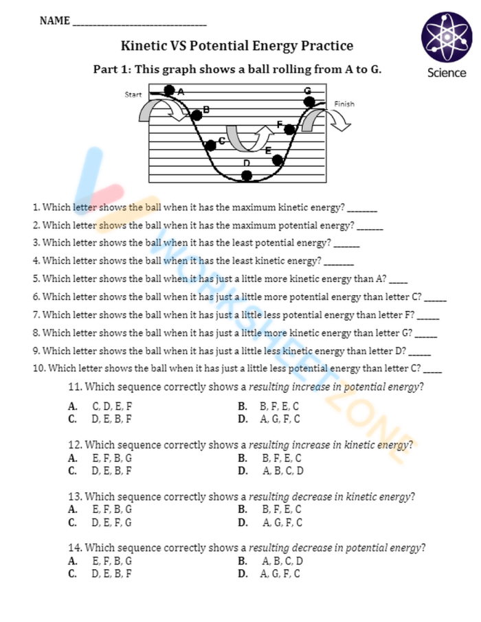 Worksheet for understanding potential and kinetic energy concepts for third graders