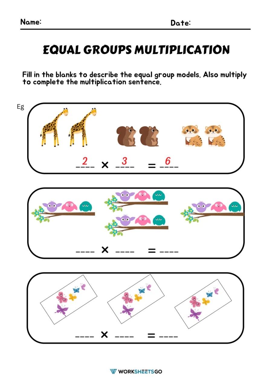 Third grade math worksheet for students practicing equal groups multiplication by counting sets