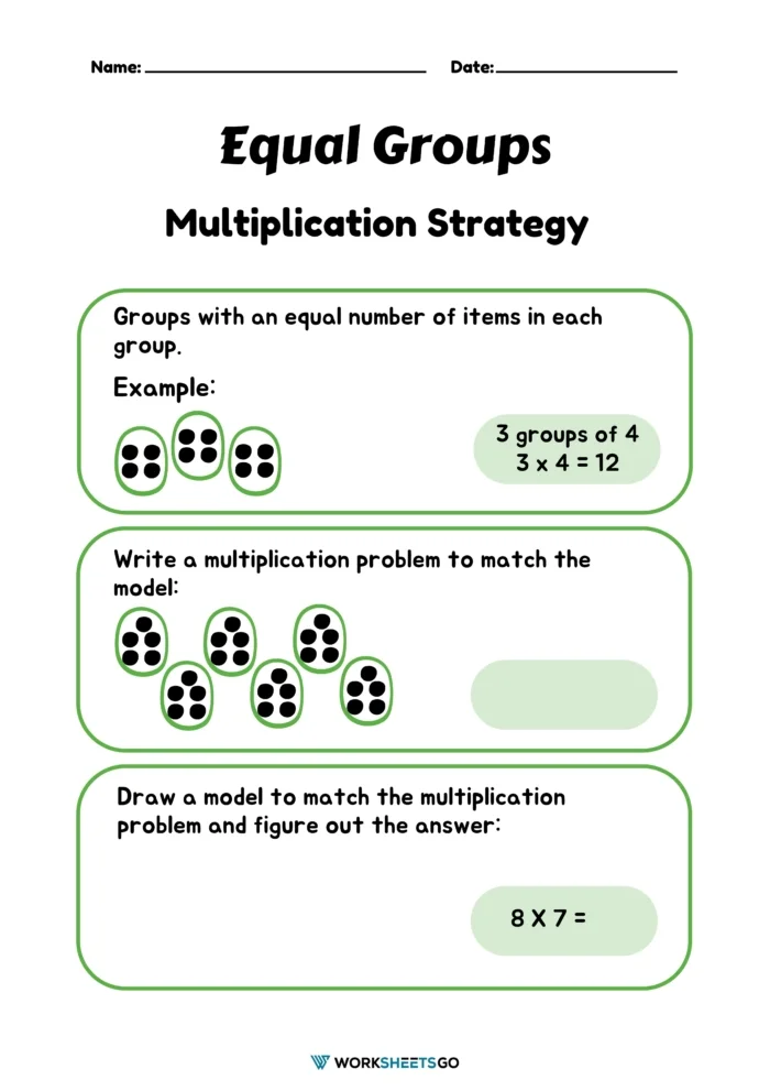 Third grade multiplication worksheet featuring equal groups practice for visual learning