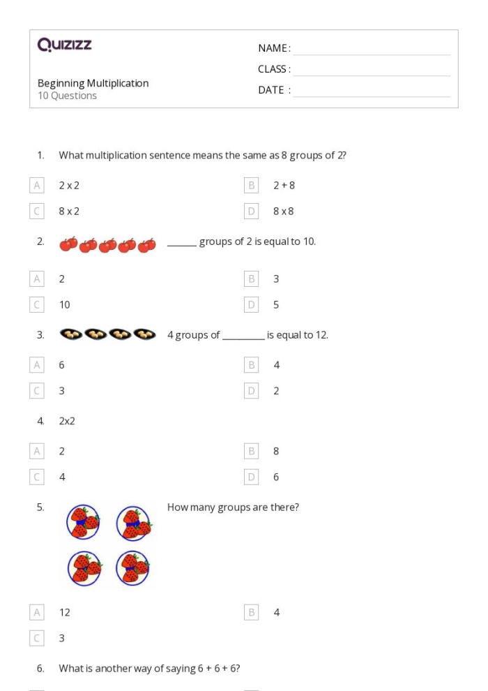 Equal Groups Smoothies worksheet image 8 showing fruit organized into equal groups for multiplication practice Third grade students practice equal groups and repeated addition using colorful fruit smoothie illustrations organized in groups of 5 and 6
