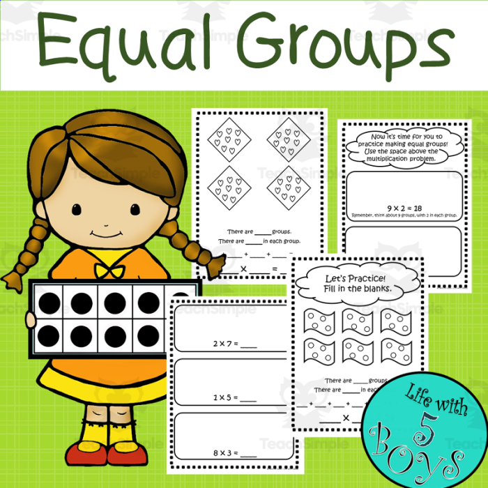 Third grade Equal Groups Practice worksheet featuring arrays for visual multiplication learning