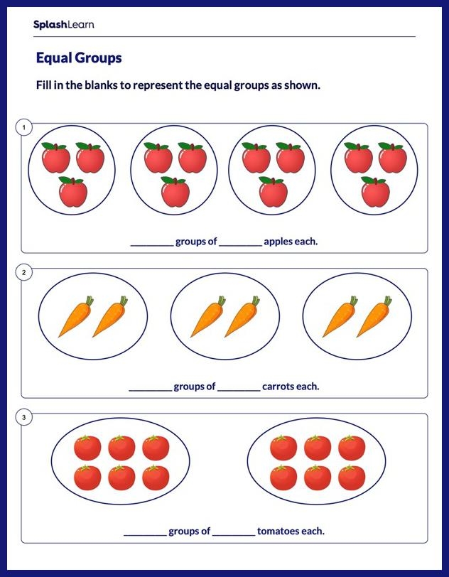Equal Groups Practice worksheet for third-grade students illustrating multiplication through visual arrays