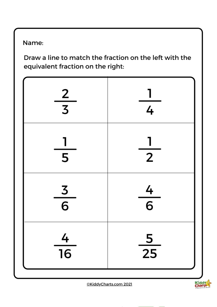 Worksheet featuring matching equivalent fractions for third graders