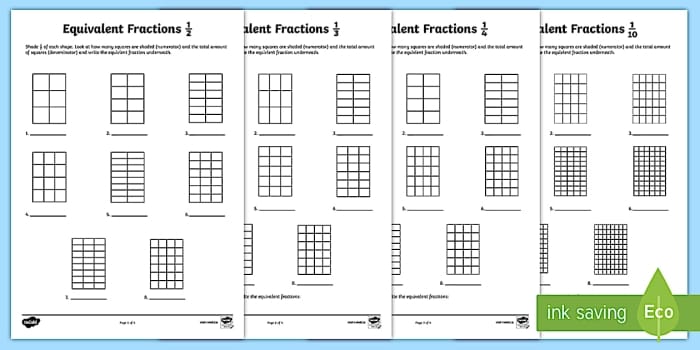 Worksheet featuring equivalent fractions for third-grade students