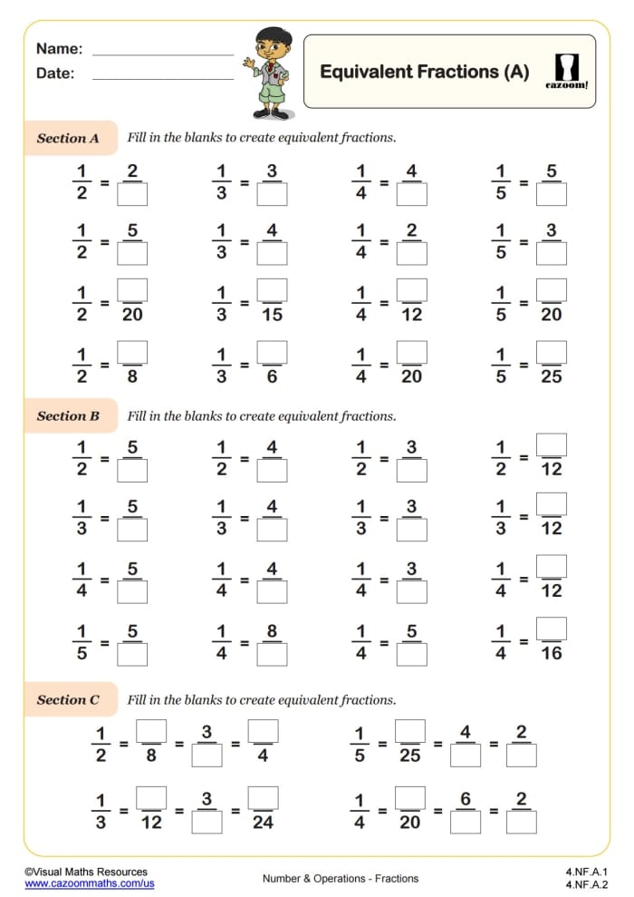 Worksheet for practicing equivalent fractions aimed at third graders